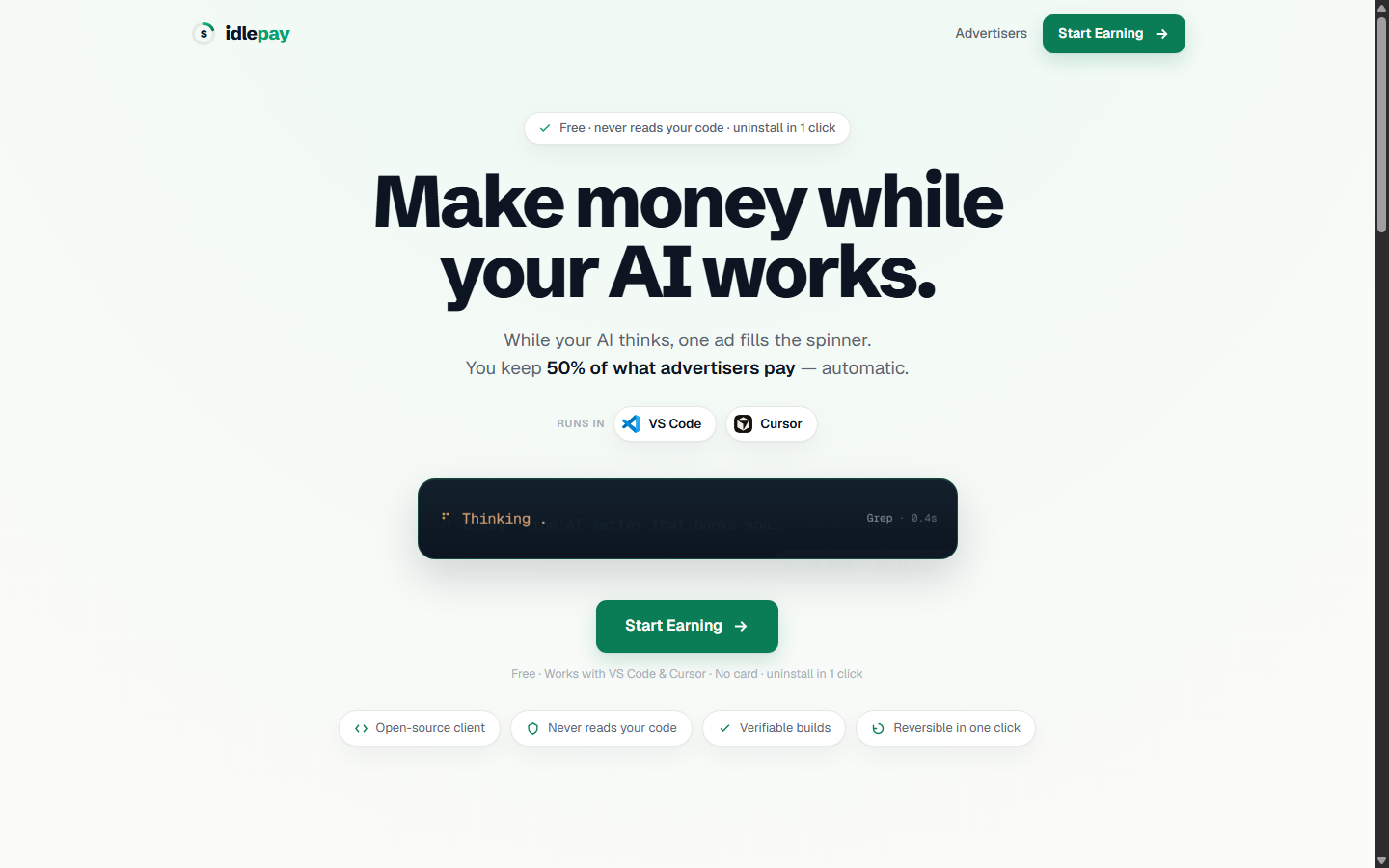 idlepay’s official homepage: the sponsored spinner line and live earnings, exactly as the product presents them.